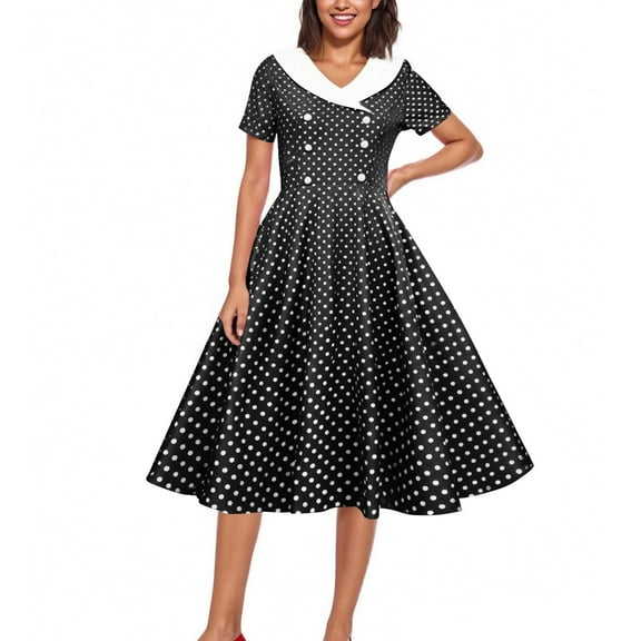 Pitauce Summer Dresses for Women 1950s Vintage Hepburn Style Short Sleeve Dresses V Neck Button Plaid Printed Flowy A-Line Knee-High Dresses