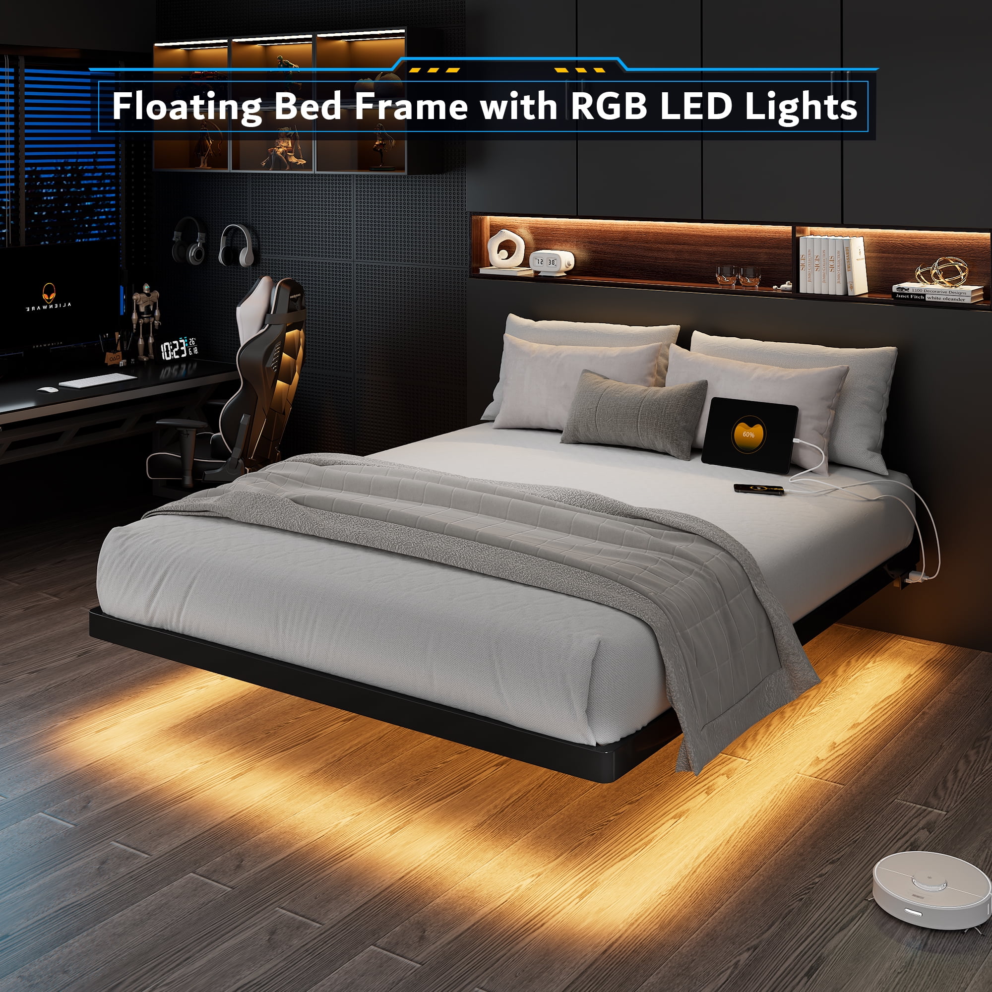 Virans King Size Floating Bed Frame with RGB LED Lights and Charging Station, Heavy Duty Metal Platform Beds, No Box Spring Needed, Black