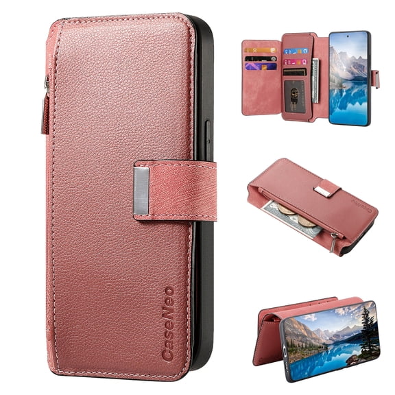 For iPhone 17 Pro Max Wallet [Support Magsafe Charger] Flip Magnetic Detachable 2 in 1 Flip PU Leather Phone Case with Card Slots [RFID Blocking], Zipper Bag, Kick-Stand Cover,Pink