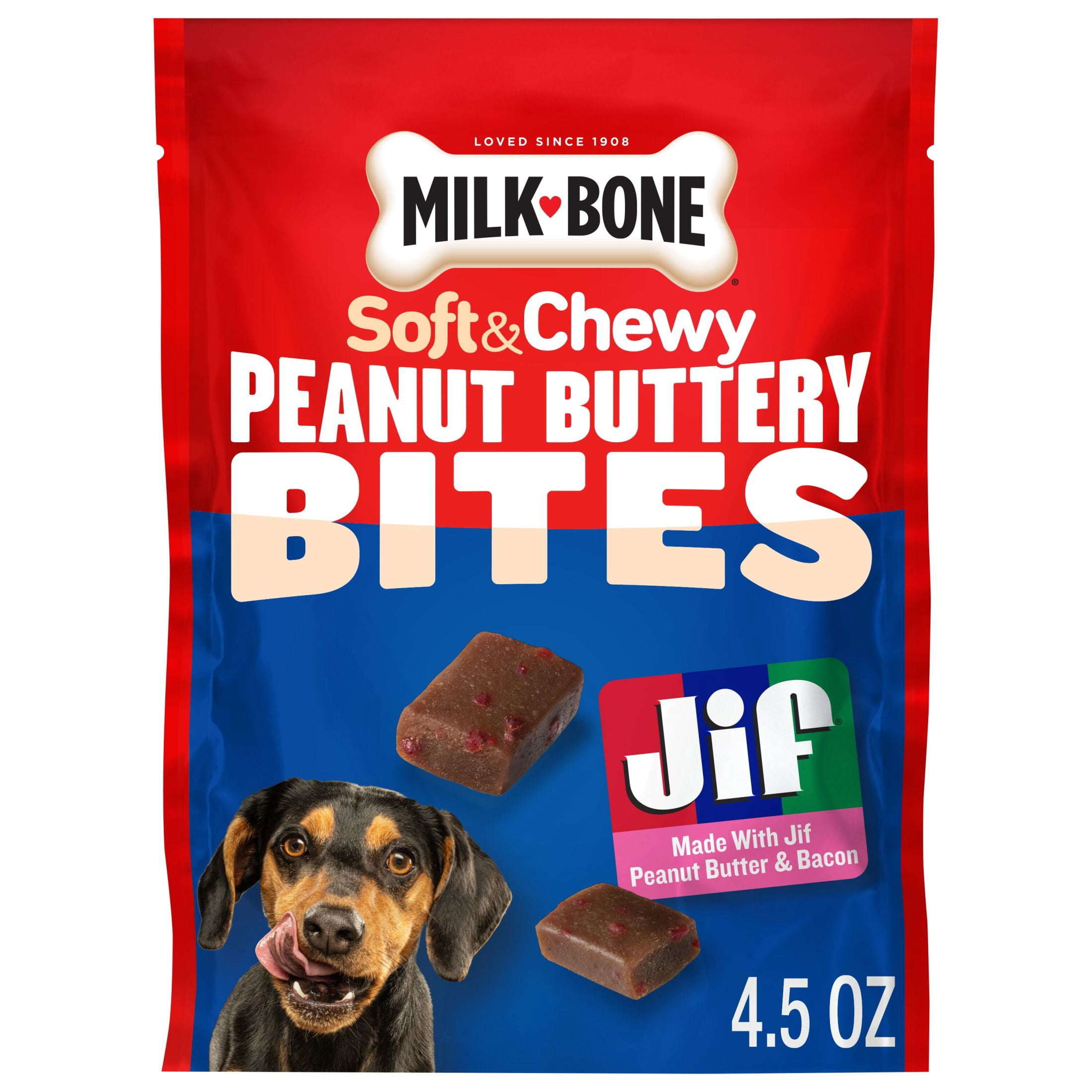 (2 pack) Milk Bone Peanut Buttery Bites, Soft Dog Treats With Jif Peanut Butter & Real Bacon, 4.5 oz Bags