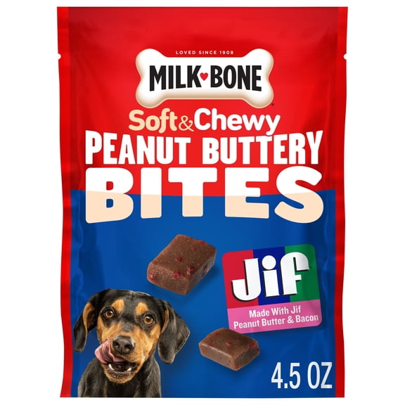 Milk Bone Peanut Buttery Bites, Soft Dog Treats With Jif Peanut Butter & Real Bacon, 4.5 Ounce Bag