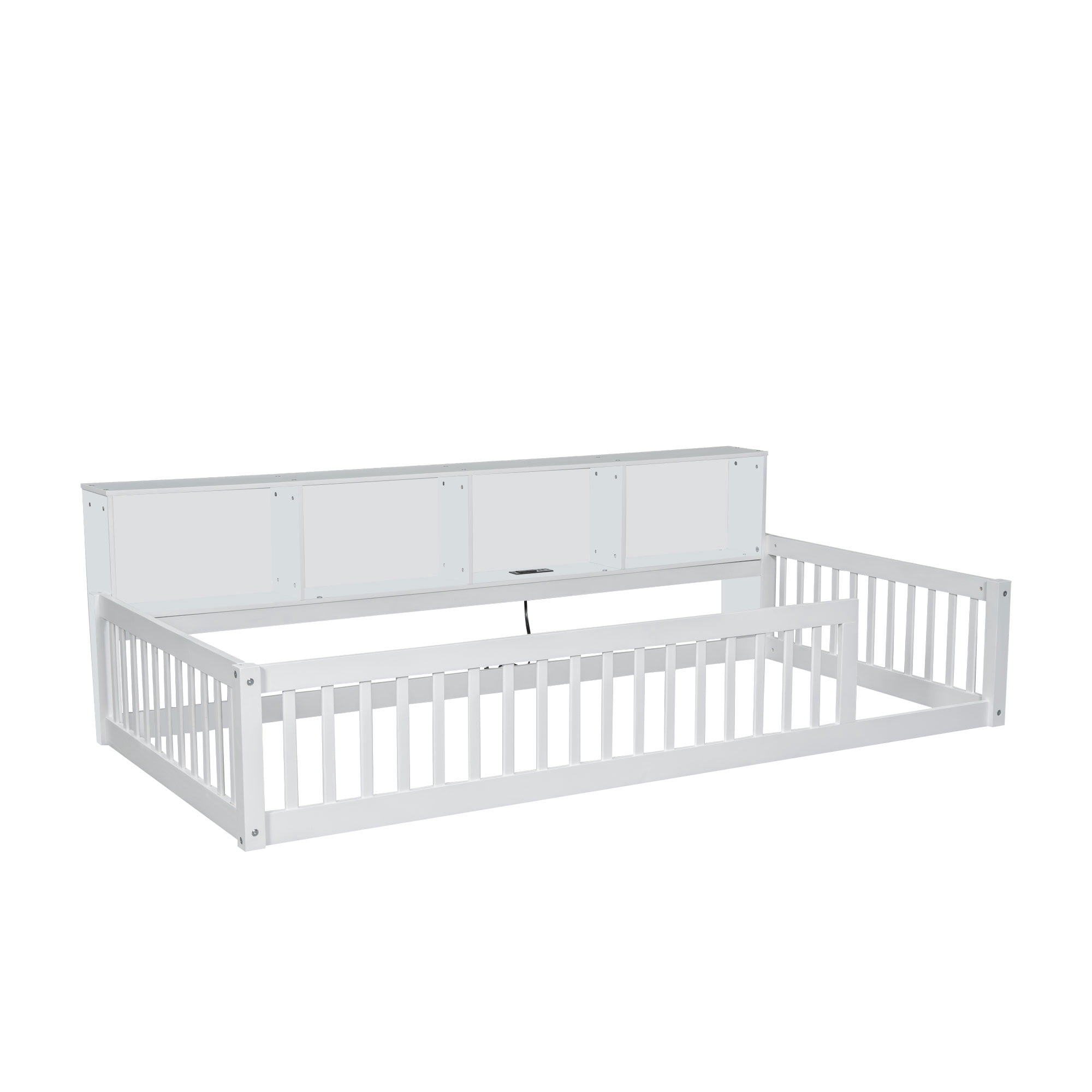 Euroco Wood Twin XL Floor Bed, Low Profile Daybed with Storage Shelves and USB Charging Station, White