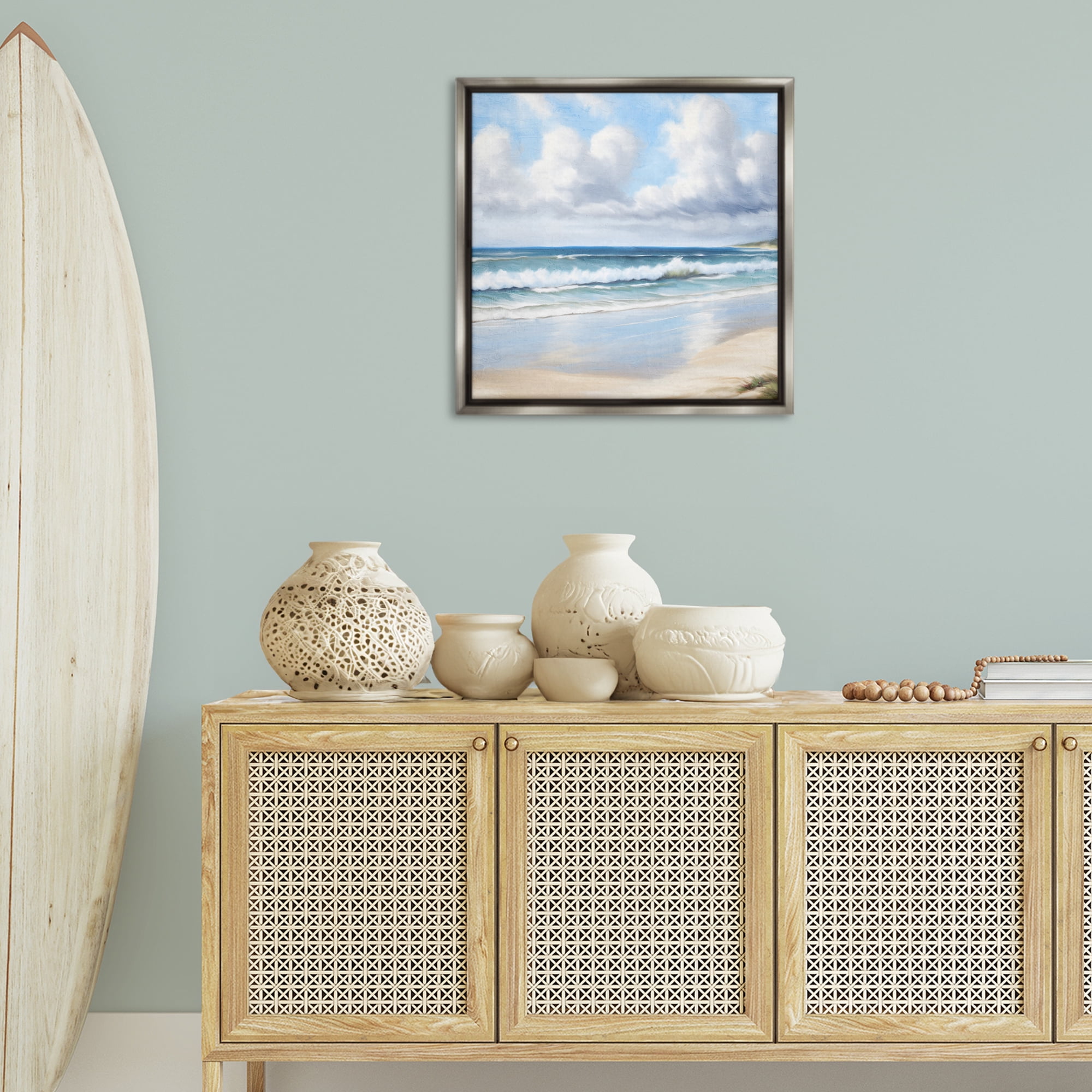 Stupell Industries Sand Walk Ocean Waves Landscape Painting Gray Floater Framed Canvas Art Print Wall Art, 25 x 25