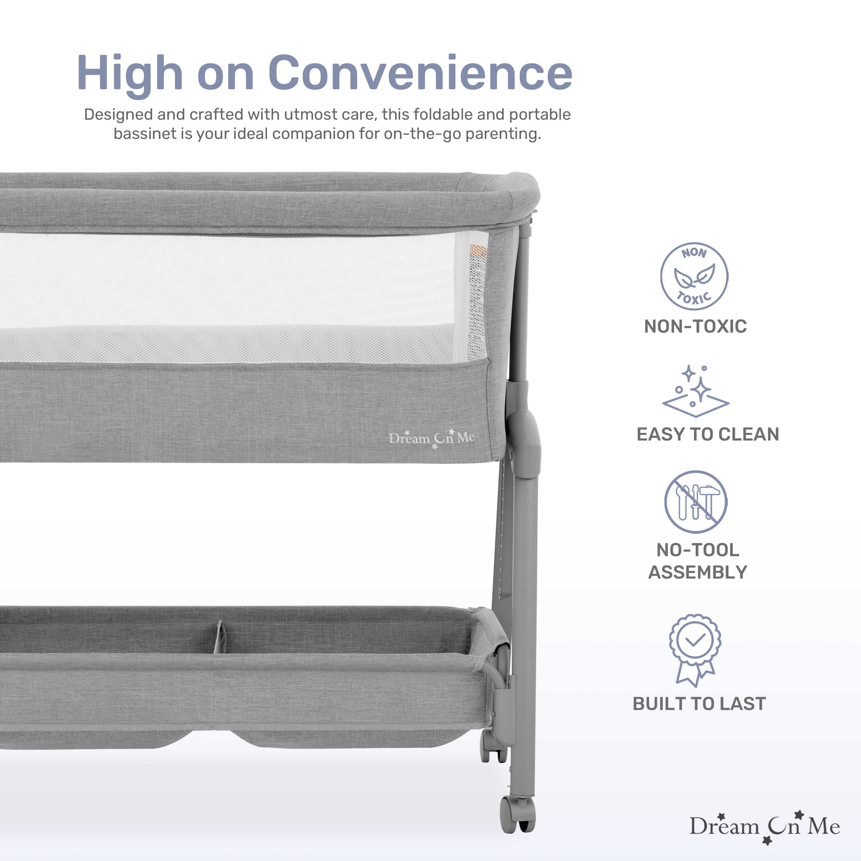 Dream On Me Calypso Portable Bassinet with Wheels, Adjustable Height, Gray