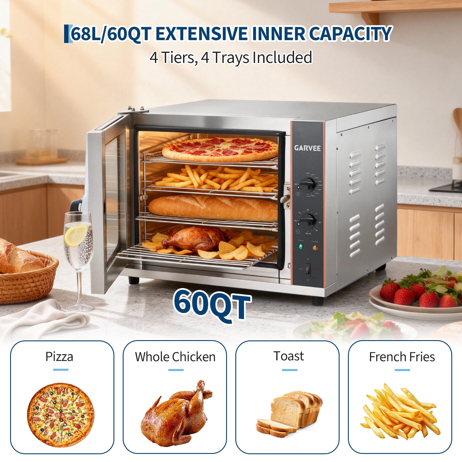 60Qt Commercial Countertop Convection Oven – 4-Tier Toaster, Air Fryer Combo, Front Glass Door, 2400W, 4 Trays & Wire Racks, Kitchen Appliance – 2.3 cu ft, Half-Size, US Plug 1.5m, Temp 30°C-300°C