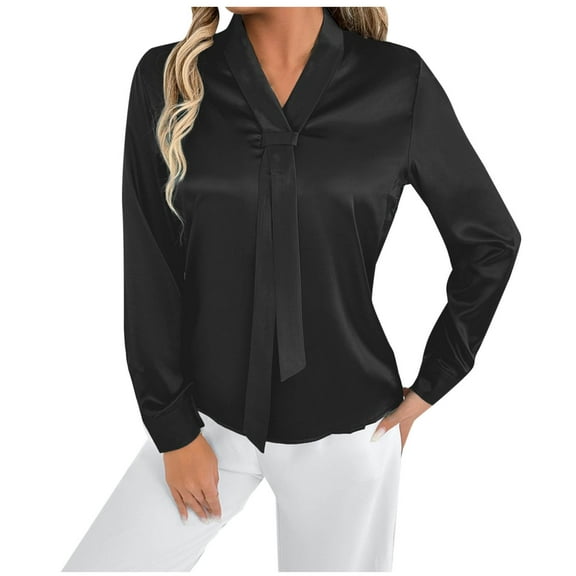 VEKDONE Fall Long Sleeve Tops for Women Dressy V-Neck Ribbon Tie Silk Satin Shirts Business Casual Office Work Blouses Solid Color Lightweight Tunic Tops