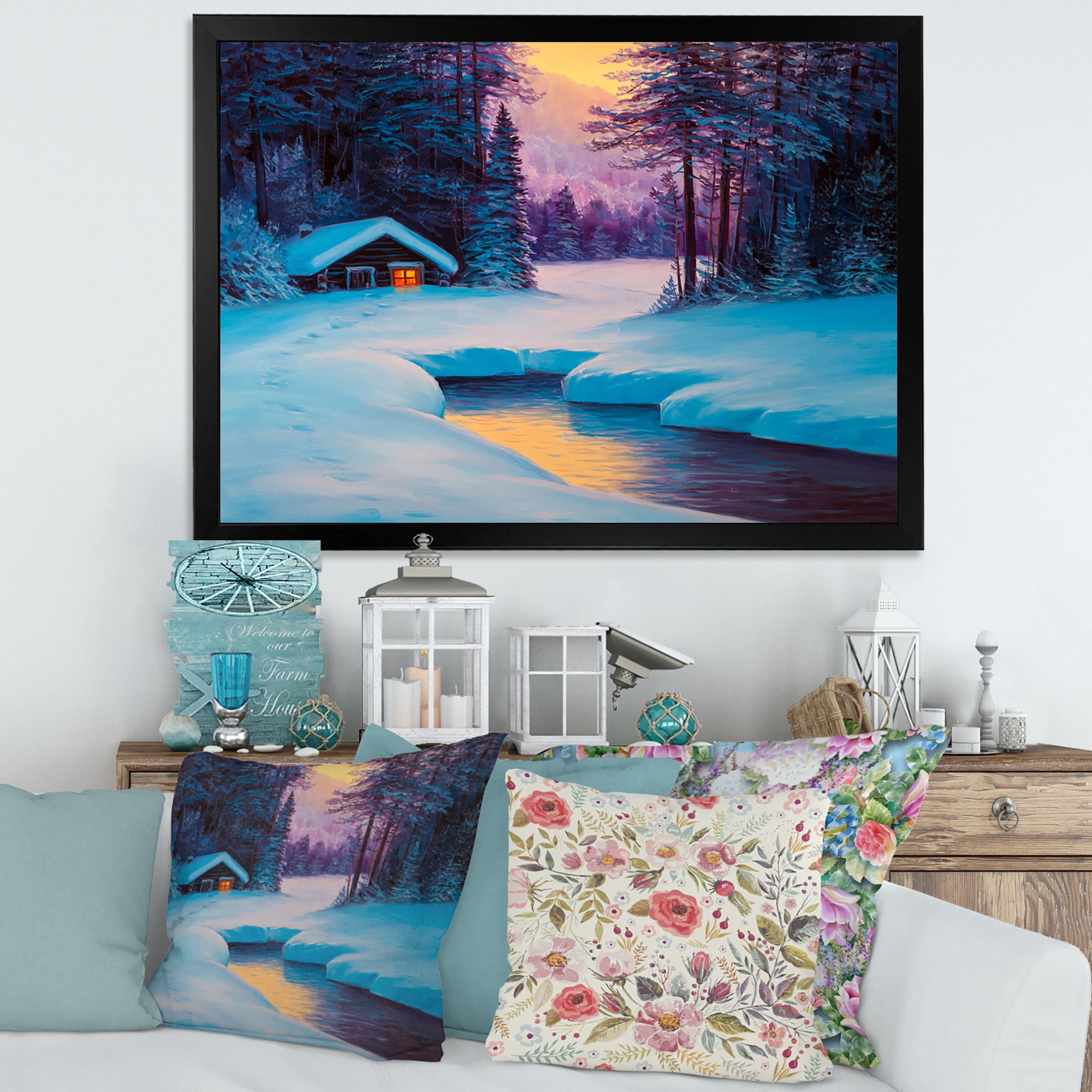 Designart 'Old Cabin In Winter Forest In Evening Glow II' Traditional Framed Art Print