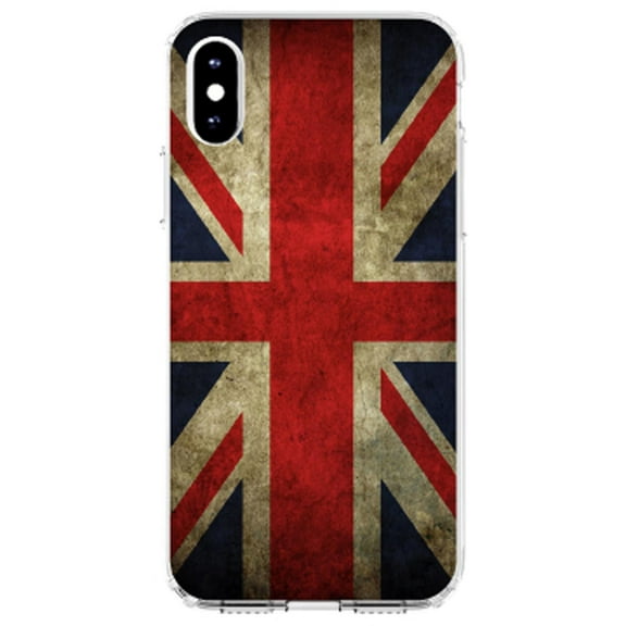 DistinctInk Clear Shockproof Hybrid Case for iPhone X / XS (5.8" Screen) - TPU Bumper, Acrylic Back, Tempered Glass Screen Protector - Red White Blue British Flag Old - Show Your Love of the UK