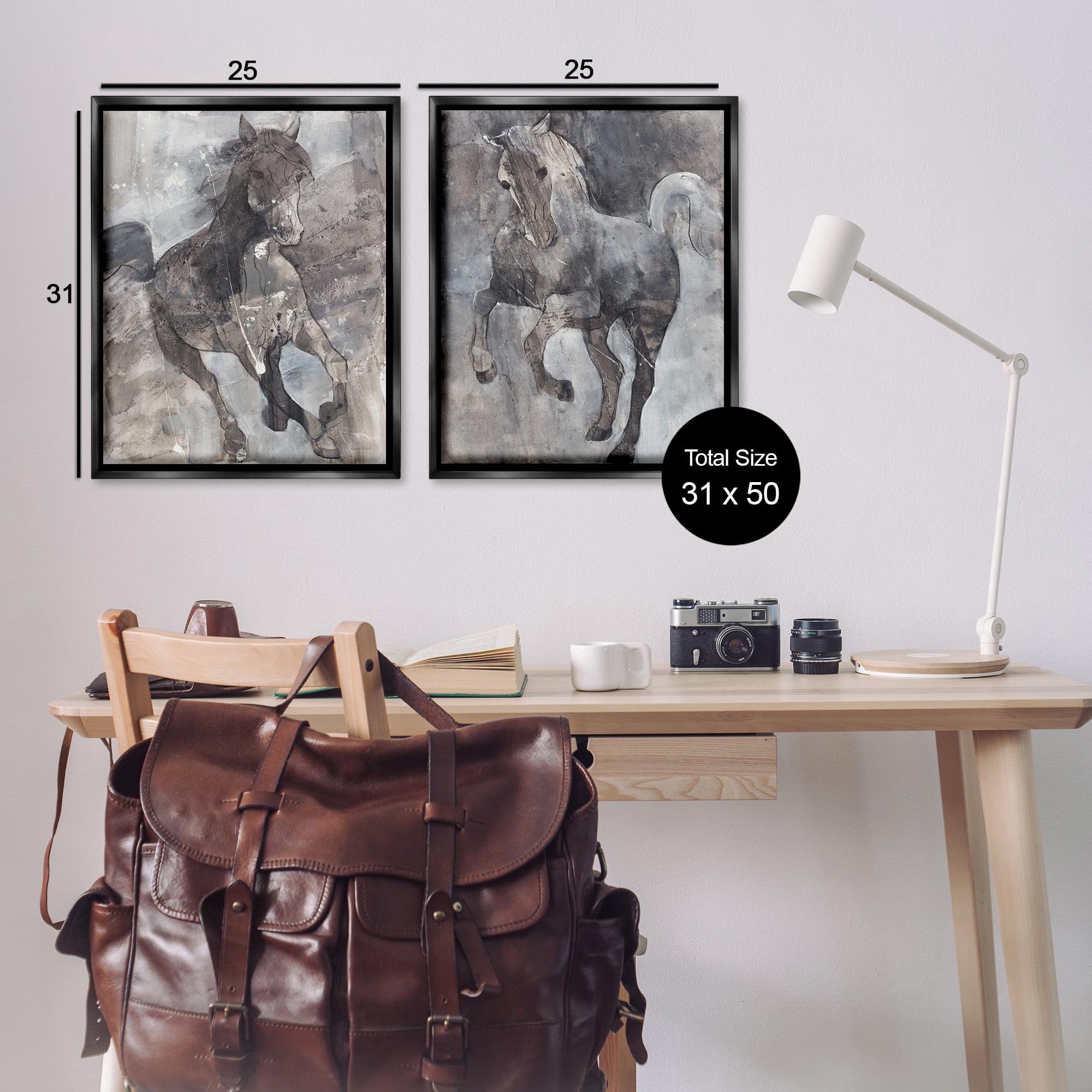 Stupell Industries Free Spirit Wind Dancer Horse Animals Painting Black Floater Framed Canvas Art Print Wall Art, 31 x 25, Set of 2
