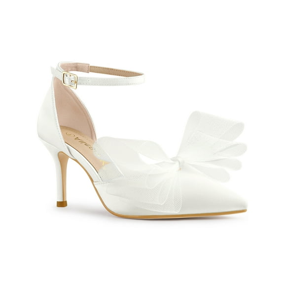 BLISSFUL STEP Women's Shoes Bow Tie Ankle Strap Stiletto Heel Pointy Toe Sandals White 7