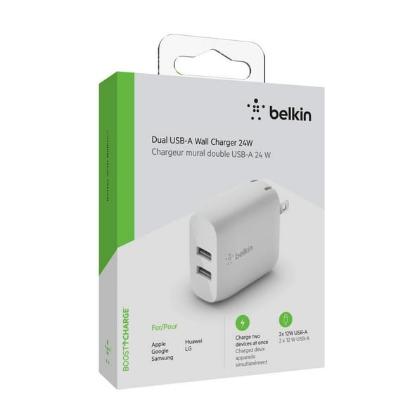 Belkin 24W Dual Port USB Wall Charger - iPhone Fast Charging - USB Charging Block for Power Bank, iPhone 14, iPhone13, iPhone 12, iPhone 11, iPad Pro, Samsung & More, iPhone Cable Not Included, BELKIN DUAL WALL CHRG