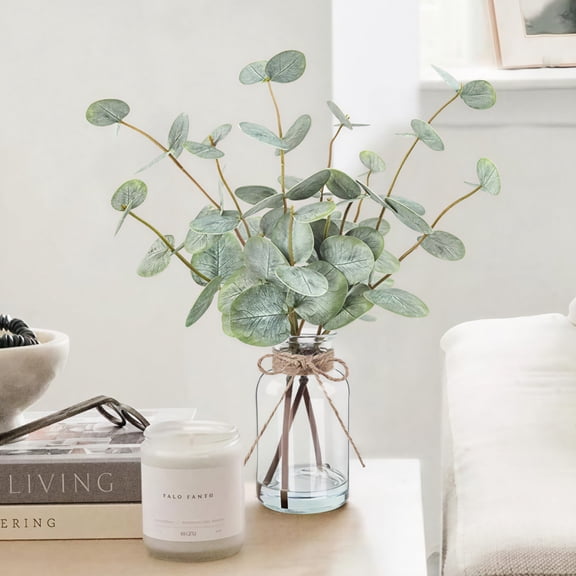 Artificial Eucalyptus Stems in Glass Vase with Faux Water, 13.5” Fake Plants for Home Decor, Coffee Table Centerpieces, Office, Bathroom & Farmhouse Weddings