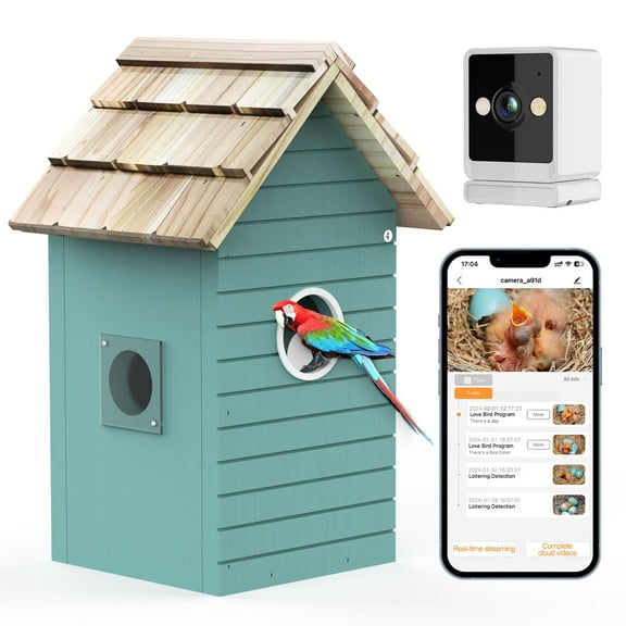 RAINBEAN Smart Bird House, Birdhouse Camera, 3MP HD Photos 2.4G-Wi-Fi, Auto Capture Photo & Video, Blue Waterproof Wooden Birdhouse for Wild Bird Lovers