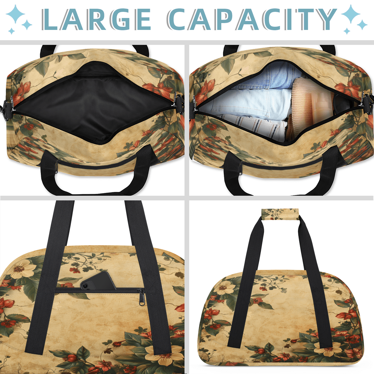 Herdesigns Retro Floral Sports Duffle Bag for Women & Men, Flower Vintage Modern Gym Bag Dance Bag Overnight Bag Carry On Weekender Travel Bag