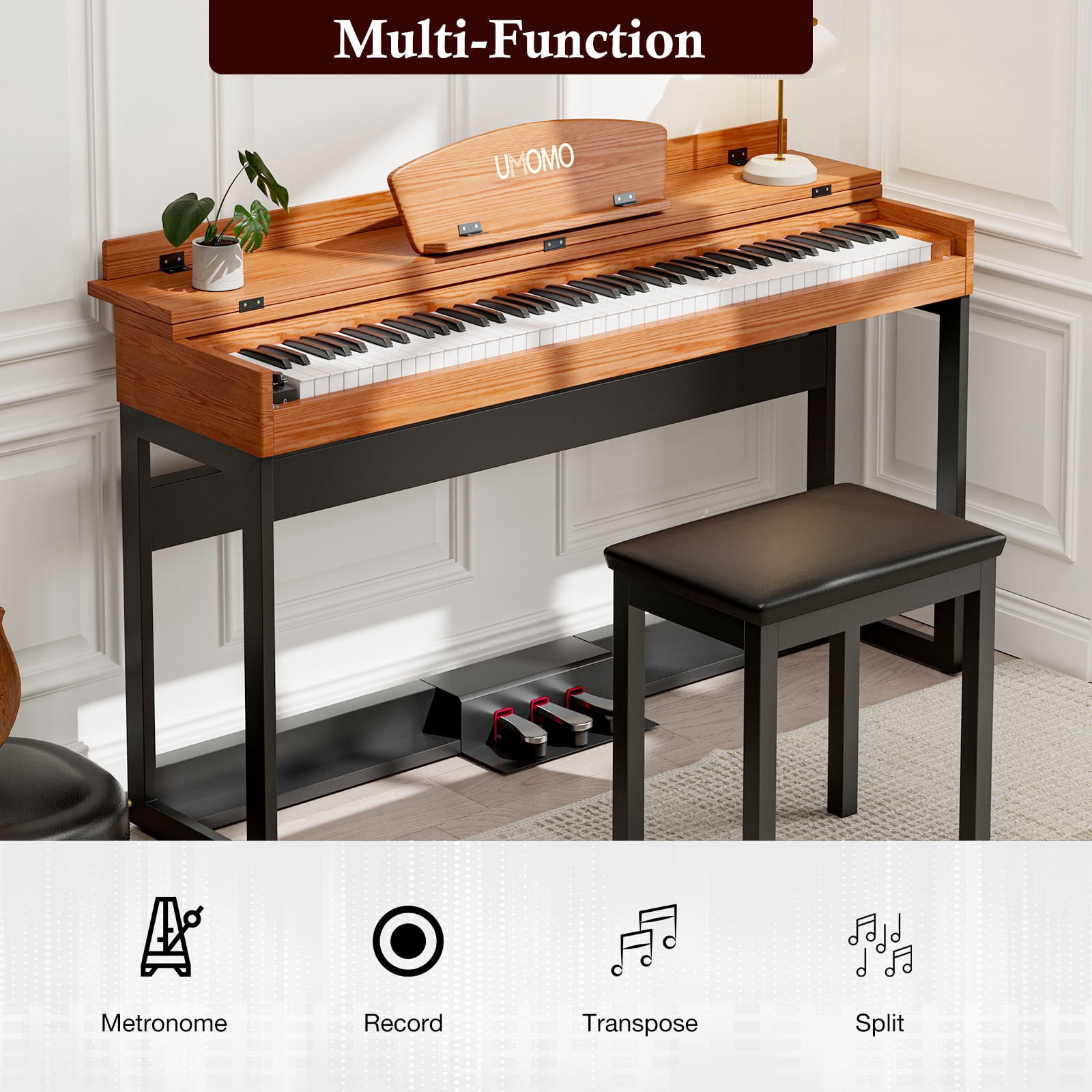UMOMO  88 Key Digital Piano Keyboard, Full Size Electric Piano with Piano Metal Stand, Headphone Jack, 3 Pedal, Electronic Piano for Beginner, Adults, Brown