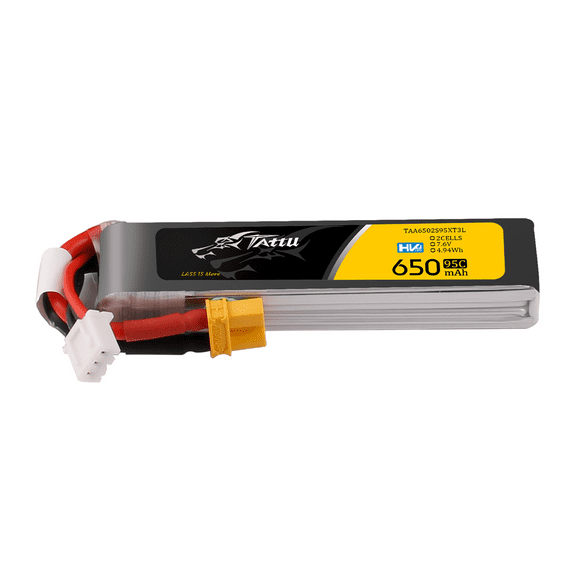Tattu 650mAh 2S 7.6V 95C HV LiPo Long Pack with XT30 Plug (Pack Of 3)