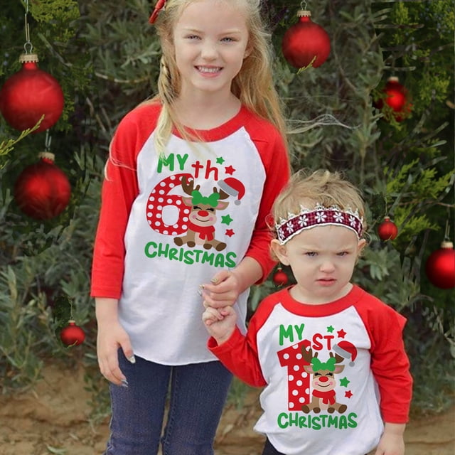 Camiseta con estampado de mi primera Navidad para niños de 1 a 9 años, camiseta navideña para niñas y niños, camisetas con mangas raglán, ropa para hermanos, atuendo para niños