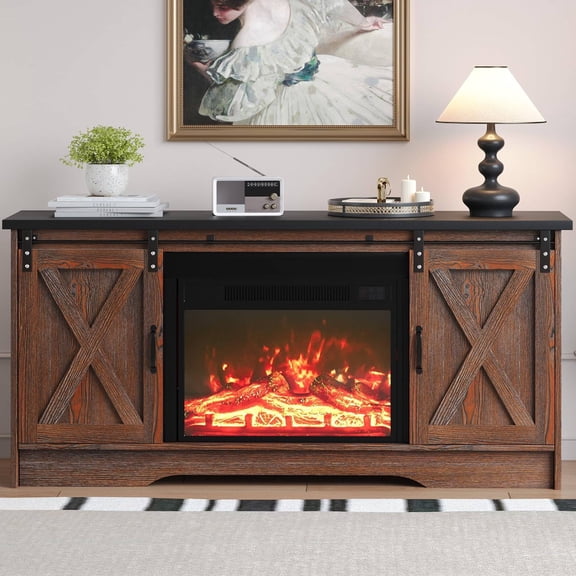 Catrimown Entertainment Center with Fireplace for 65" TV, Farmhouse Fireplace TV Stand with Adjustable Storage Cabinets, TV Console Table for Living Room, Brown & Black