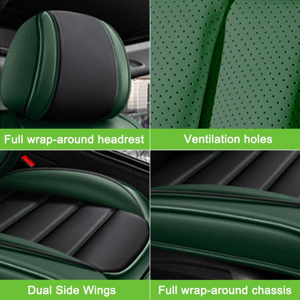 AFUNTIO Leather 5 Seat Covers for Chevy 99% Models,Car Seat Cushions Full Set,Waterproof Car Sit Protectors,Nonslip Interior Accessories(Black and Green)