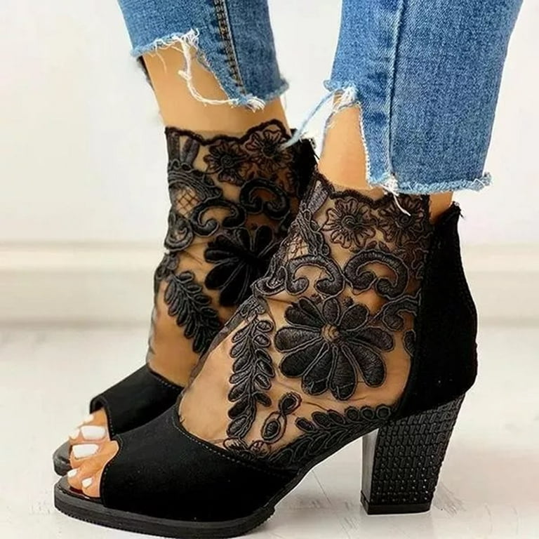 Women Peep Toe Ankle Bootie Lace Flowers Open Toes High Heels Ankle Cutout  Boots Fashion Slingback Chunk Boots Shoes