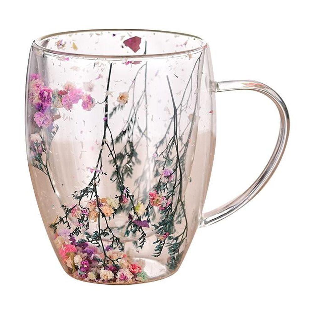 Tasse à Thé/café En Verre Borosilicate à Double Paroi Avec Soucoupe - 250 Ml, Décor Fleurs Séchées - Inclut Cuillère - Isotherme, Anti-brûlure