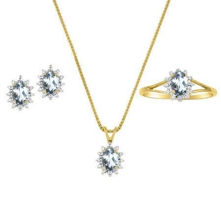 Genuine Natural Aquamarine & Diamond Pendant, Earrings & Ring Set in 14k Yellow Gold Plated silver with Chain and Gift Box
