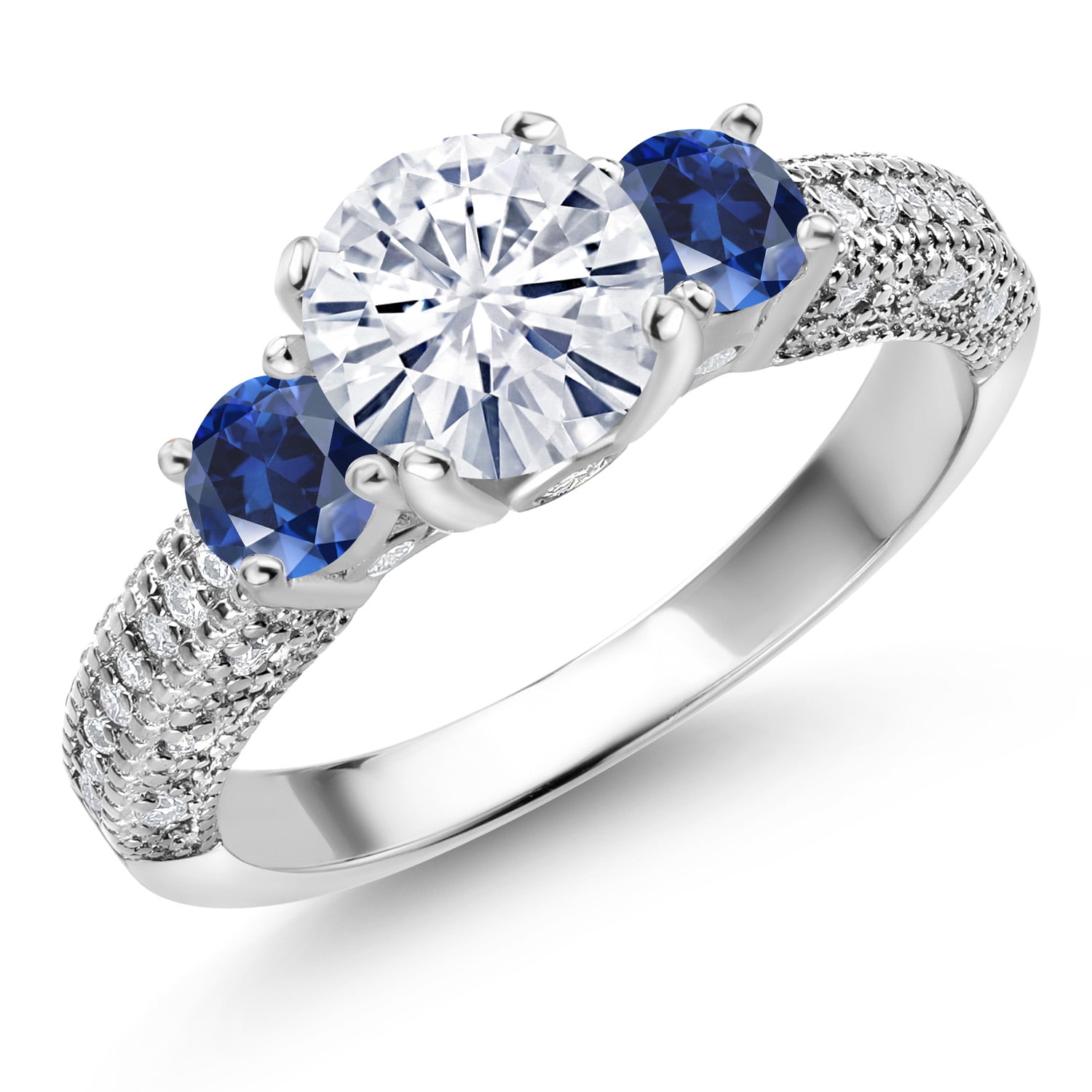Gem Stone King 925 Sterling Silver White Moissanite and Blue Created Sapphire Engagement Ring for Women (1.78 Cttw, Gemstone, Round 7MM and 4MM, Size 5)