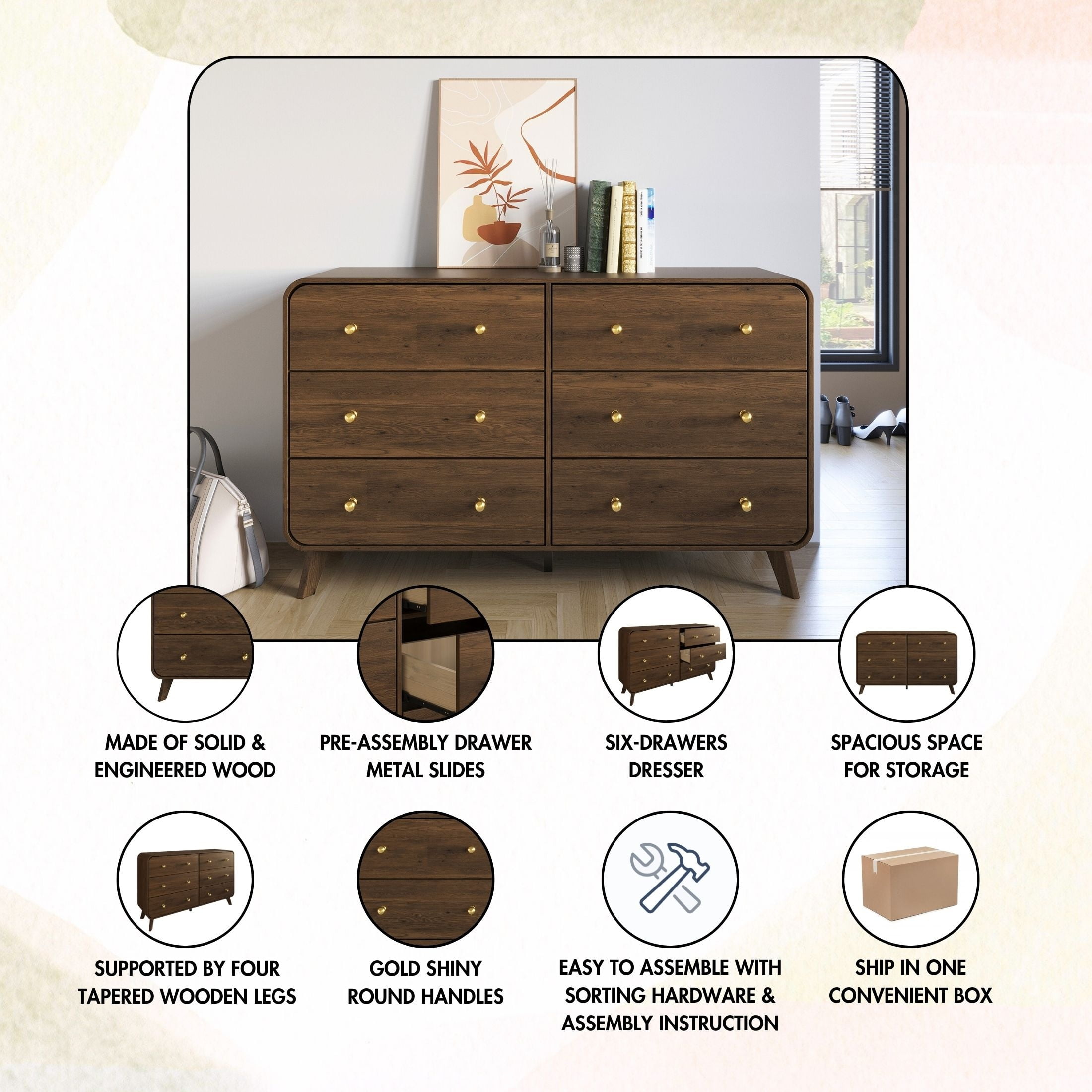 Castle Place Mid-Century 6 Drawer Wooden Dresser, Light Oak