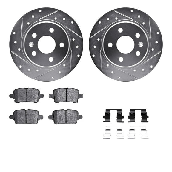 Dynamic Friction Company Rear Brake Rotors-Drilled and Slotted-Silver with 5000 Advanced Brake Pads includes Hardware 7512-47033