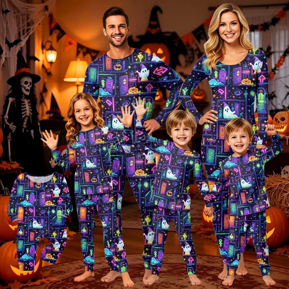 Halloween Pjs, Halloween Family Matching Pajamas Set, Purple Neon Ghost Door Pumpkin Stair Long Sleeve Sleepwear, Graphic Loungewear, Soft Cozy Holiday Nightwear for Parties & Gatherings, 12 M