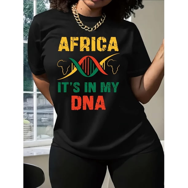 1pc Africa "It'S in My DNA" Graphic Tee, Women'S Casual Crew Neck Short Sleeve T-Shirt, 100% Polyester Knit Fabric, All-Season Comfort Fit