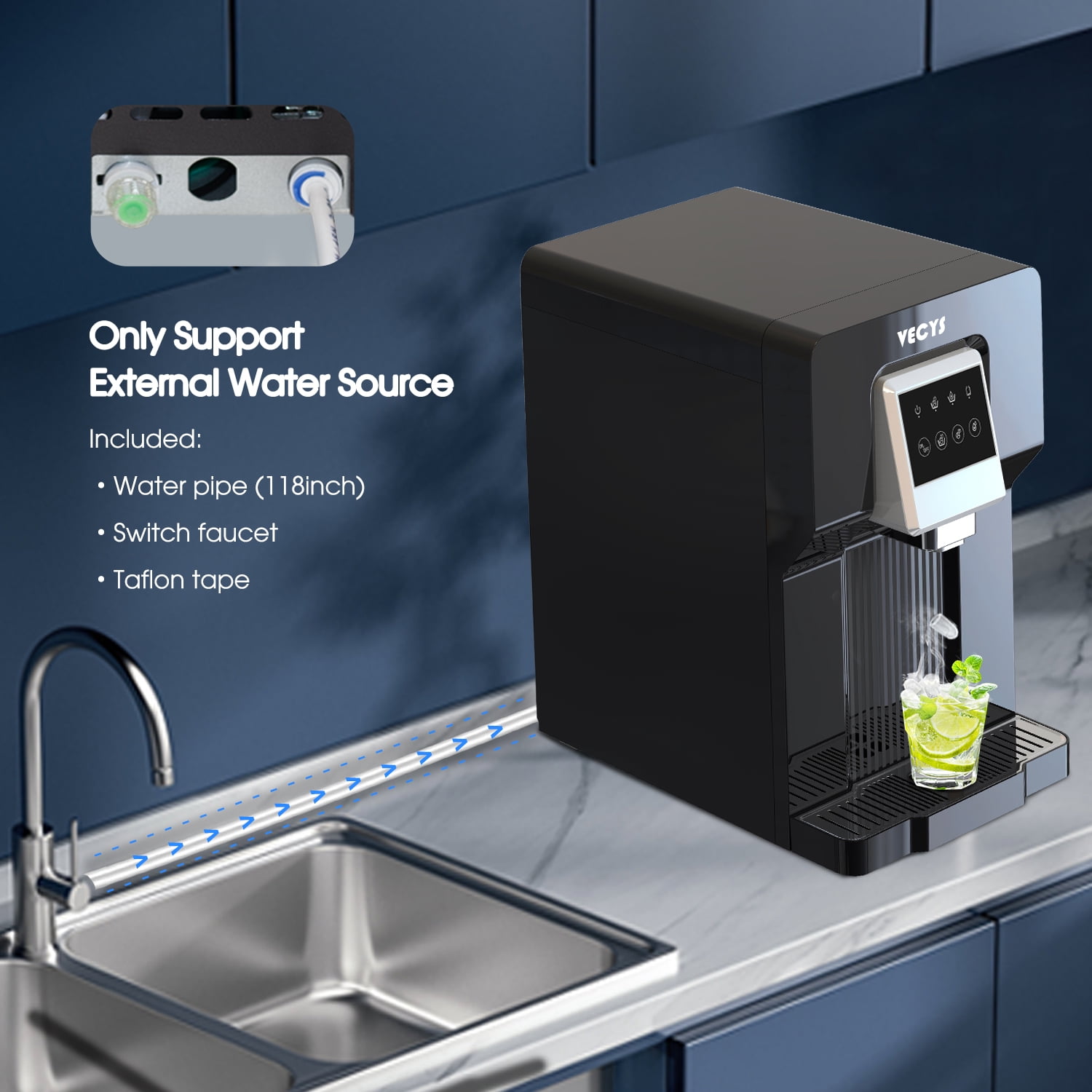 VECYS Countertop Cold Water Cooler with Ice, 18LB Daily Ice Production and Bottleless