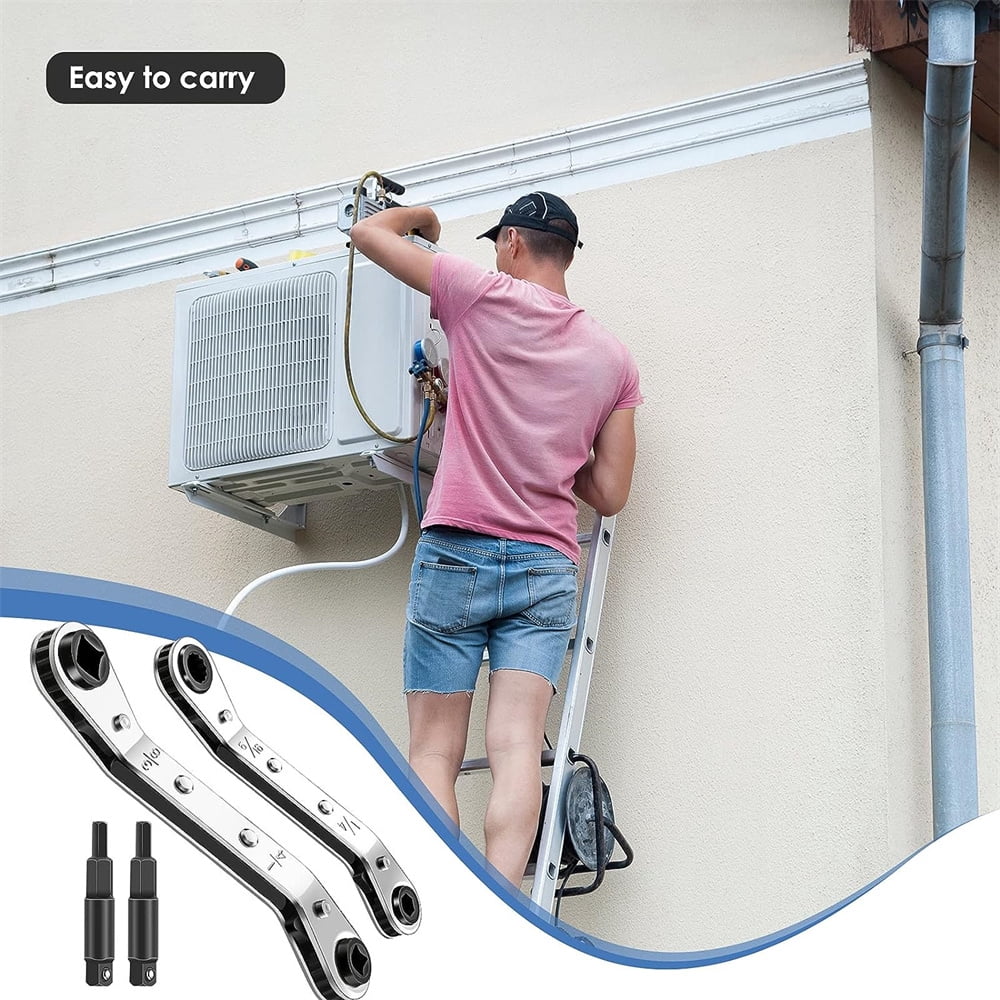 Hvac Service Wrench, Refrigeration Service Wrench Set, 3/8” to 1/4”, 5/16'' x 1/4'' Ratcheting Service Wrench with Hex Bit Adapter for Air Conditioning, Refrigeration Equipment,Equipment Repair