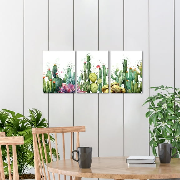 Visual Art Decor Framed Wall Art Watercolor Tropical Plant Desert Cactus Canvas Print Set of 3 for Bedroom Bathroom Spiny Flower Artwork Home Office Wall Decoration