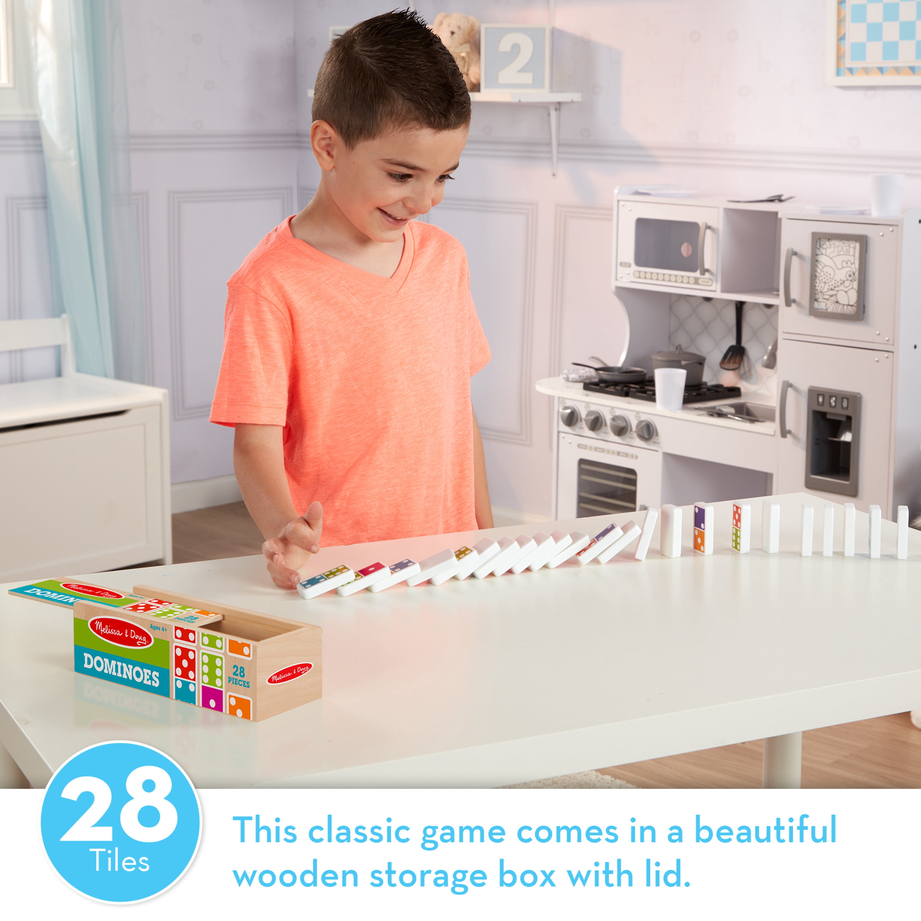 Melissa & Doug Dominoes Tabletop Game with 28 Colorful Tiles in Wooden Storage Box
