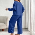 thumbnail image 6 of Hzzrkos Women Casual Plus Size Loose Solid Color Round Neck Long Sleeve Two Piece Wide Leg Loungewear Pajama Set, Soft Relaxed Sleepwear Outfit For Indoor Daily Rest Blue XXL, 6 of 8
