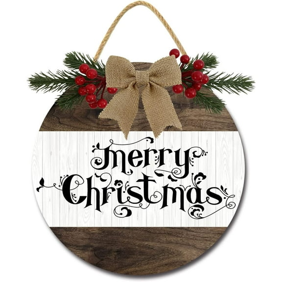 Eveokoki 12" Merry Sign Christmas Decoration， Wooden Christmas Wreaths for Front Door Christmas Decor for Home Wall Farmhouse Holiday Outdoor Indoor