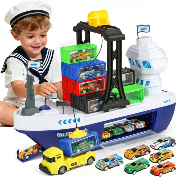 UQN Cargo Ship Toy & Gantry Crane for kids, Toy Boat and Crane Playset with 6 Race Cars and 12 Containers, Transport Cruise Ship, Cargo Boat Toys Birthday Gift for 3 4 5 6 7 8 Year Old Boys Kids