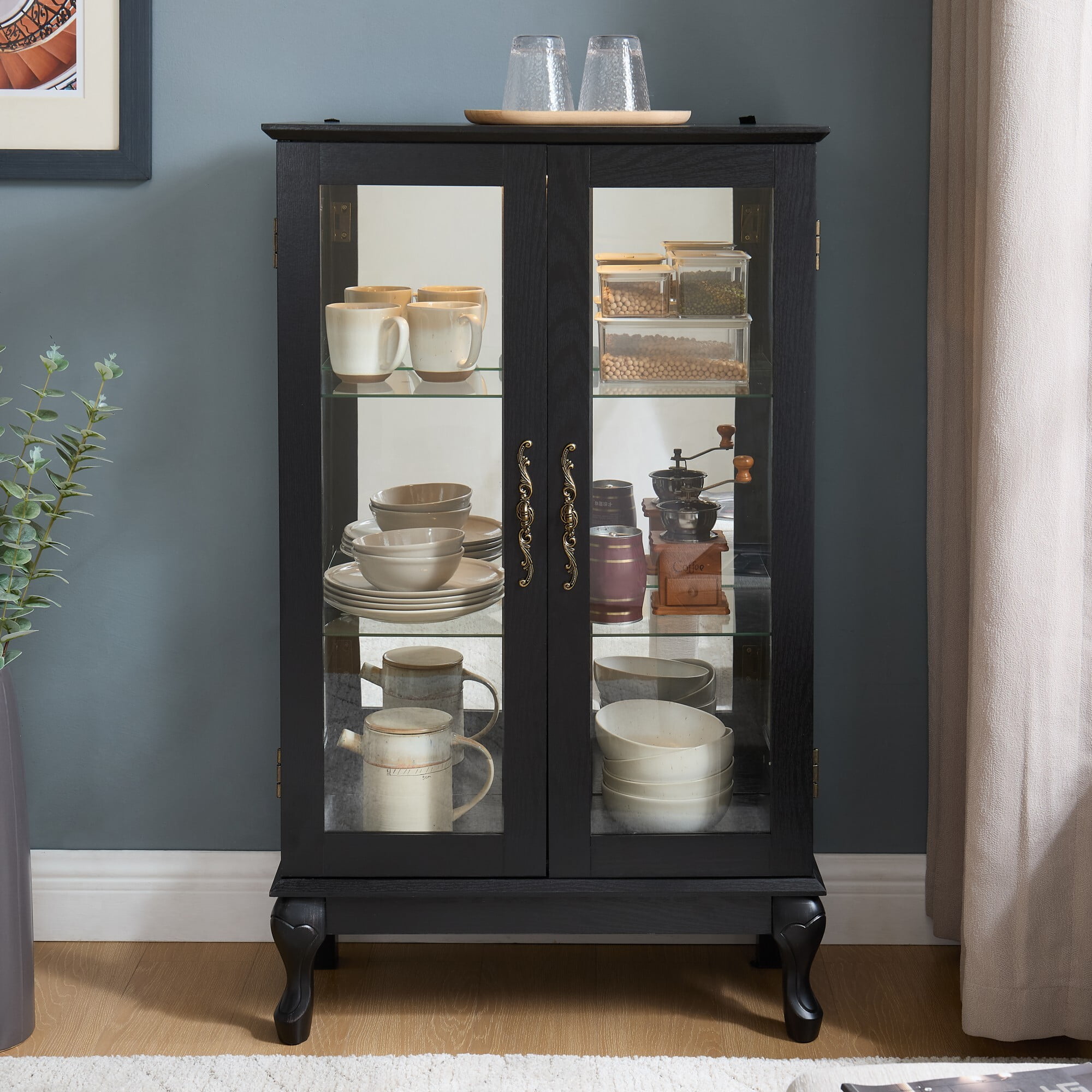 AENKYO Retro Glass Curio Cabinet with Light Bulb & Adjustable Shelves, Small Vintage Home Decor Display Case, Black