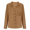 thumbnail image 4 of Women's Long Sleeve Shirt, Small V Neck Button Up Cardigan Style with Chest Pocket, Casual Loose Fit Blouse for Daily Wear, Office Outfits and Spring Summer Essential Wardrobe-Khaki, 4 of 10