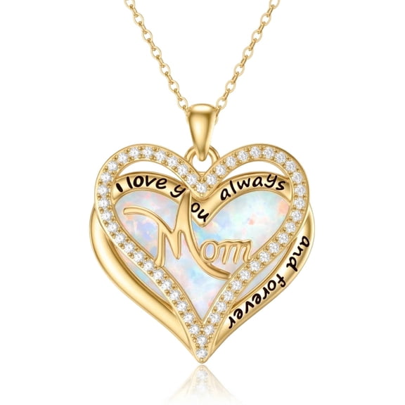 Midir&Etain Mom Necklace 14K Gold Plated Opal Heart Pendant Mom Jewelry Gifts for Women Birthday Mothers Day