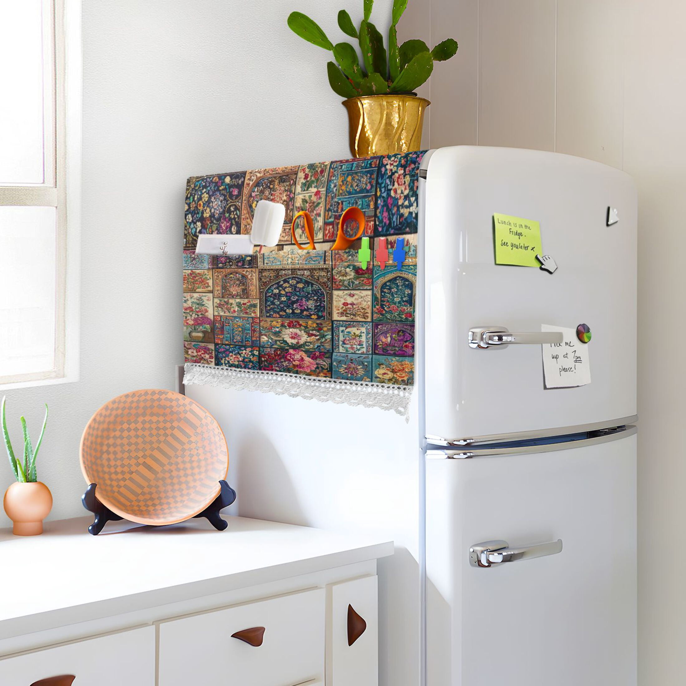 Different Cultural StylesWasher and Dryer Covers Dust-Proof and Oil Resistant Fridge Cover with 4 Storage Pockets Washing Machine Top Cover for Laundry Kitchen Home 51.2 x 22 In