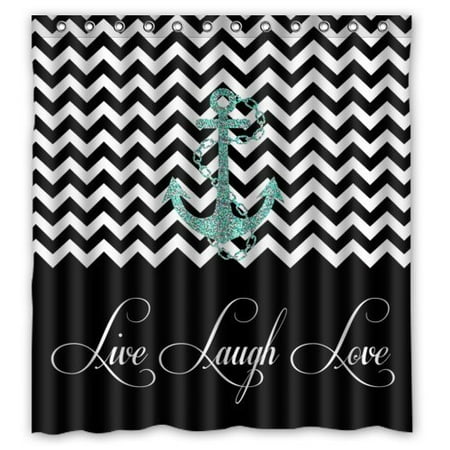 Black & White Ceramic Bathroom - GreenDecor Hipster Quotes Live Love Laugh In Black Colorblock Chevron With Anchor Waterproof Shower Curtain Set with Hooks Bathroom Accessories Size 66x72 inches