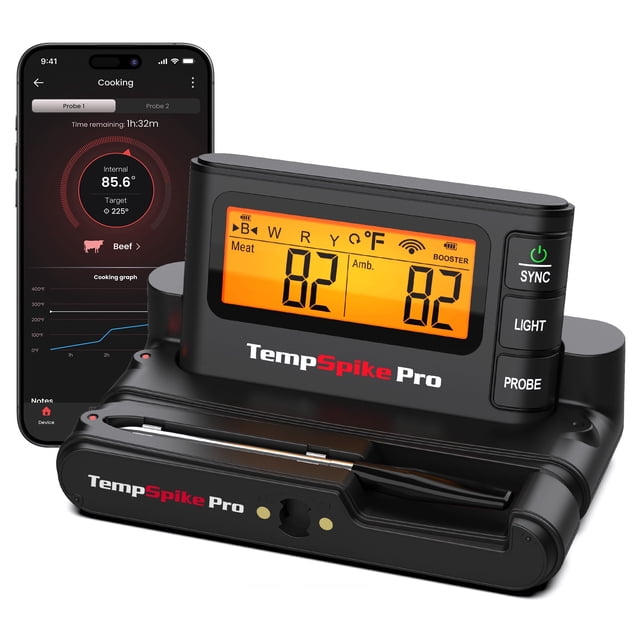 Termómetro Digital Inalámbrico para Carne TempSpike Pro con WiFi y Bluetooth, Alcance Ilimitado, Sonda Fina Desmontable y Base Independiente.