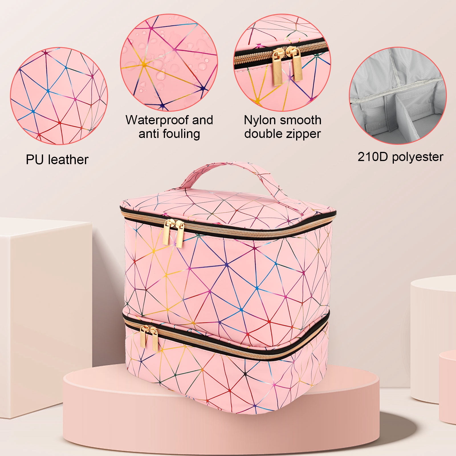 FUYGRCJ Compartmental Holographic Nail Polish Organizer Bag, Zipper Closure Double Layers Nail Supplies Storage Box for Home Travel Salon Use