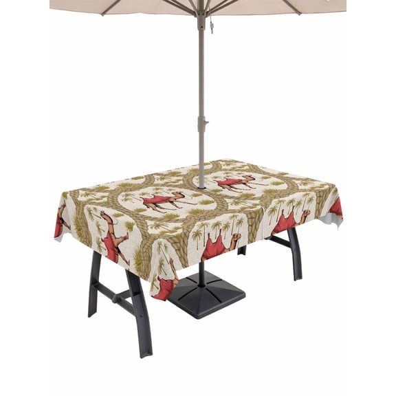 Outdoor Tablecloth with Umbrella Hole for Patio/Picnic/Party/Camping, Camels Palm Trees Waterproof Table Cloth Rectangle Table Cover Washable, Desert Date Coconut Trees Leaves Cords Beige (60"x 120")