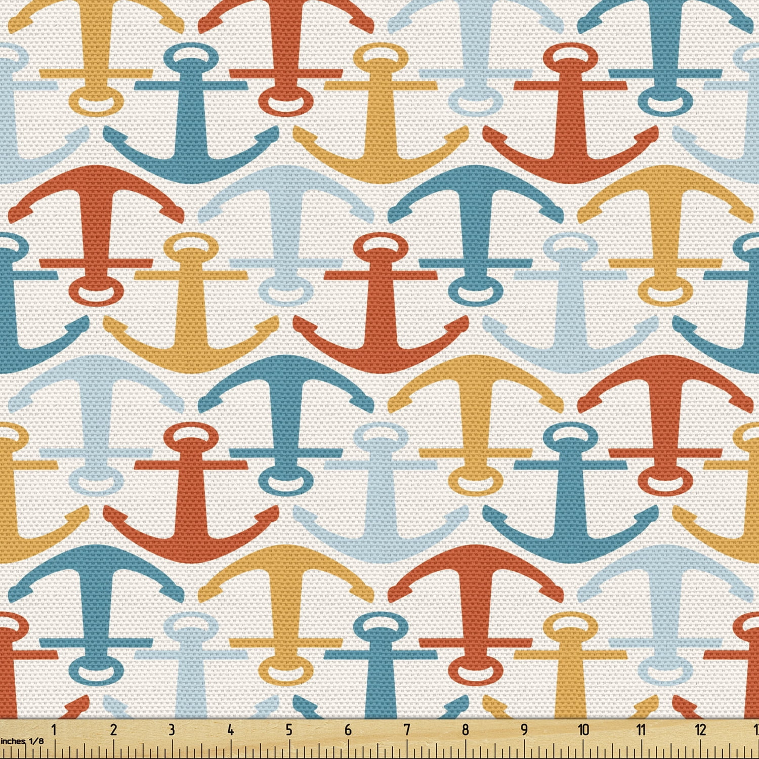 Marine Upholstery Fabric by the Yard, Nautical Pattern in Retro Style Colorful Elements Maritime