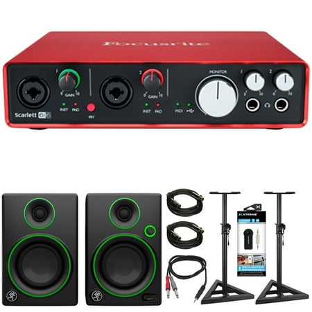 Focusrite Scarlett 6i6 USB Audio Interface (2nd Gen) + Mackie CR Series CR3 Multimedia Monitors (Pair) + 2x Deco Mount PA Speaker Stand + 2x Monoprice XLR 10' Male to Female Cable + More