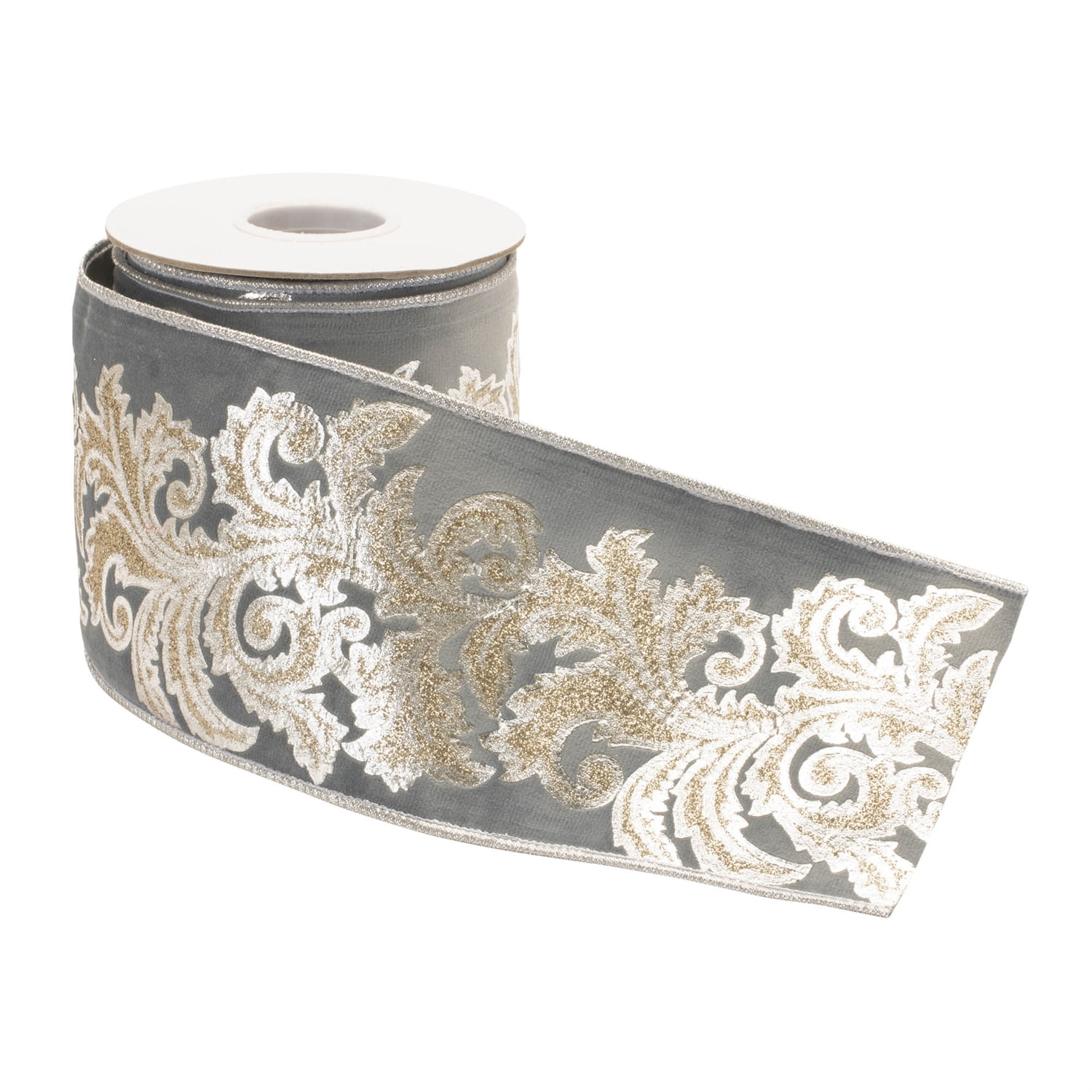 Melrose 95143DS 4 in. x 5 yards Wired Polyester, Gray & Gold