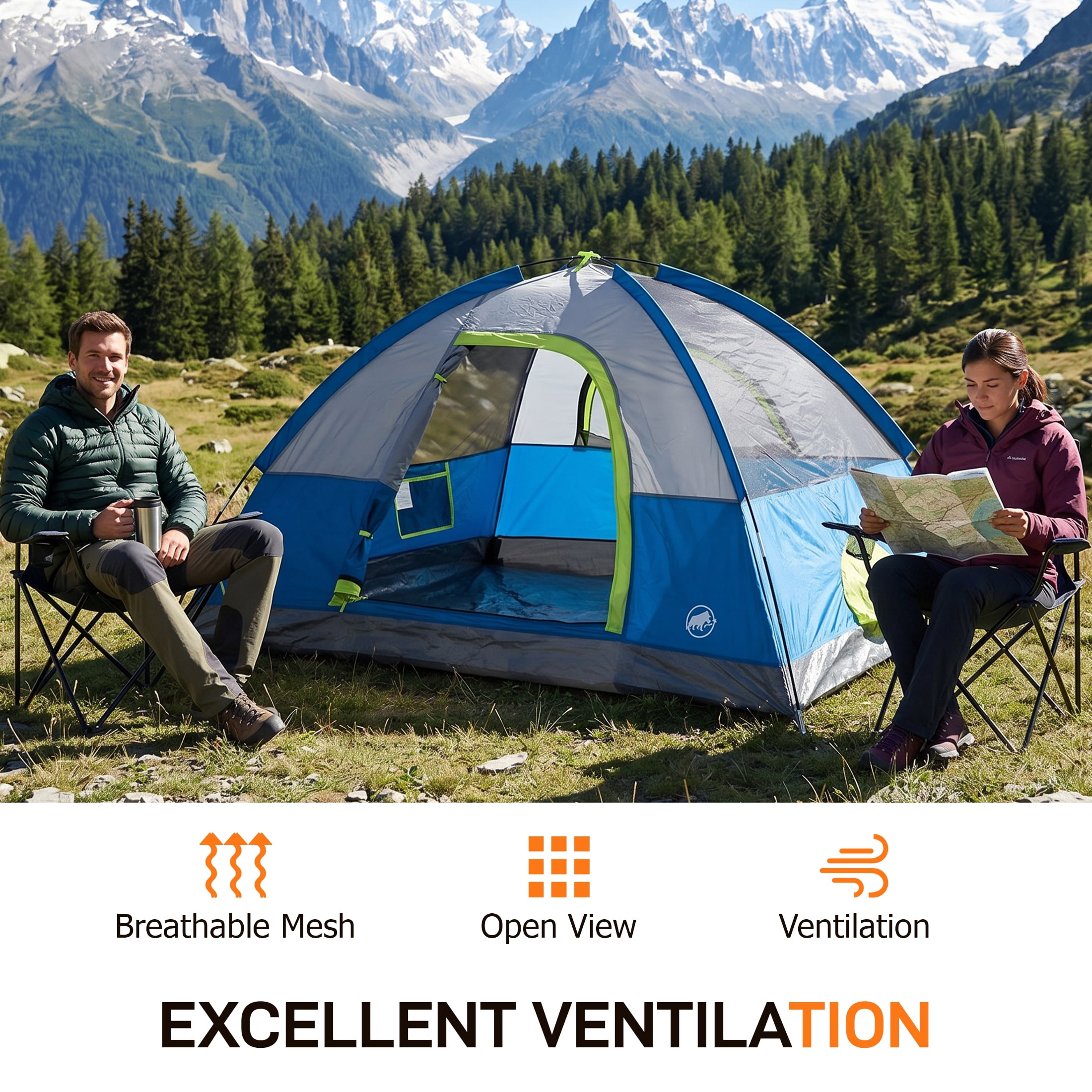 JIOABL 2 Person Dome Camping Tent with Rainfly, Waterproof Polyester, Ventilated Windows and Skylights, Easy Setup, Portable, Navy Blue